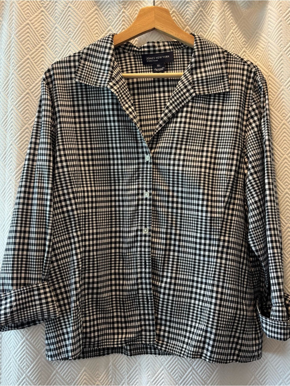 JONES NEW YORK Signature Black & White Gingham Button-Up Shirt XL 100% Cotton